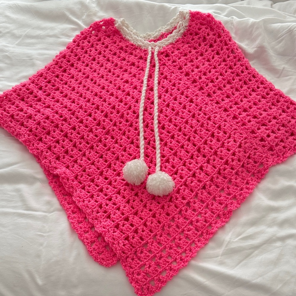 KIDS BRIGHT PINK KNIT PONCHO SWEATER